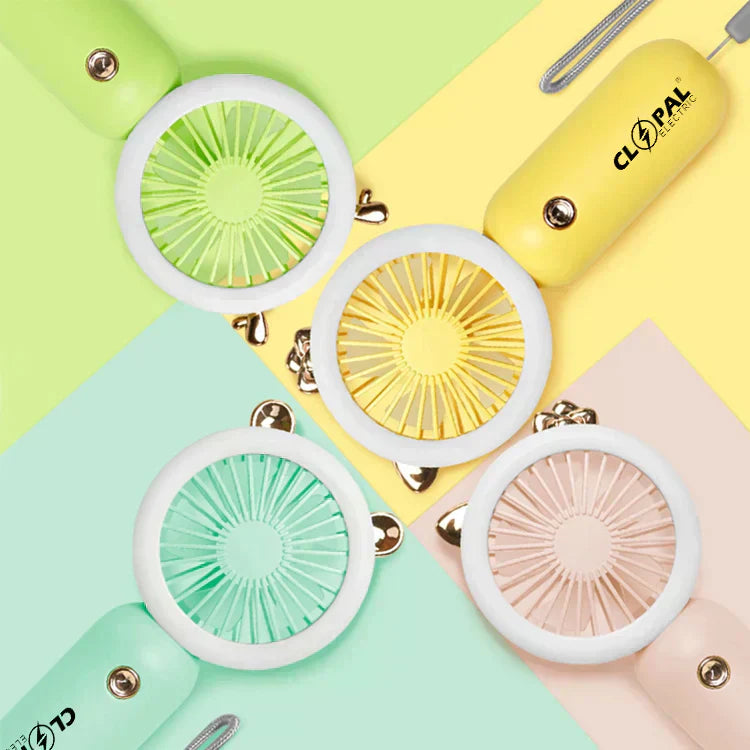 Portable Cute Cartoon Fan with LED Light, USB Rechargeable Mini Handheld Fan Personal Fan for Travel